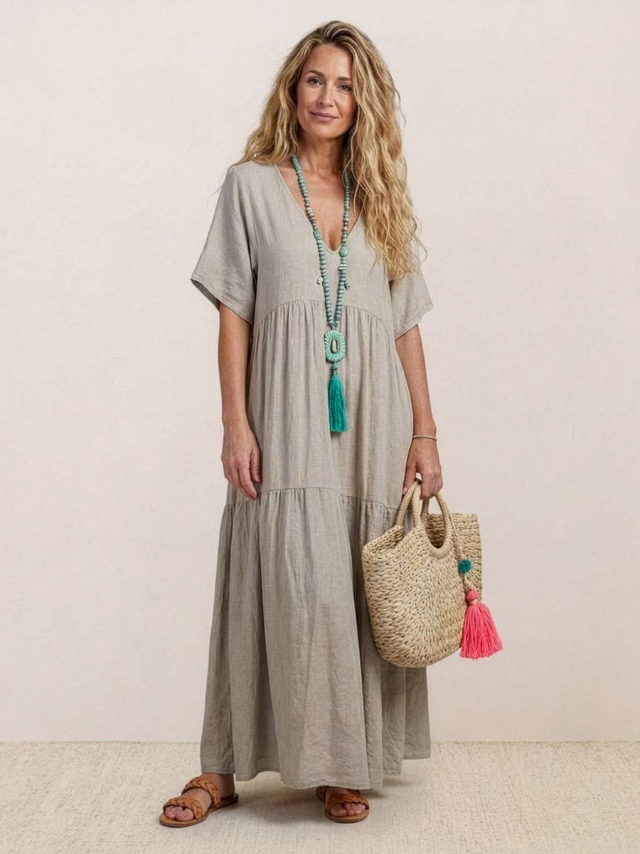 Brooklyn | Womens Boho V Neck Tiered Maxi Dress Apricot