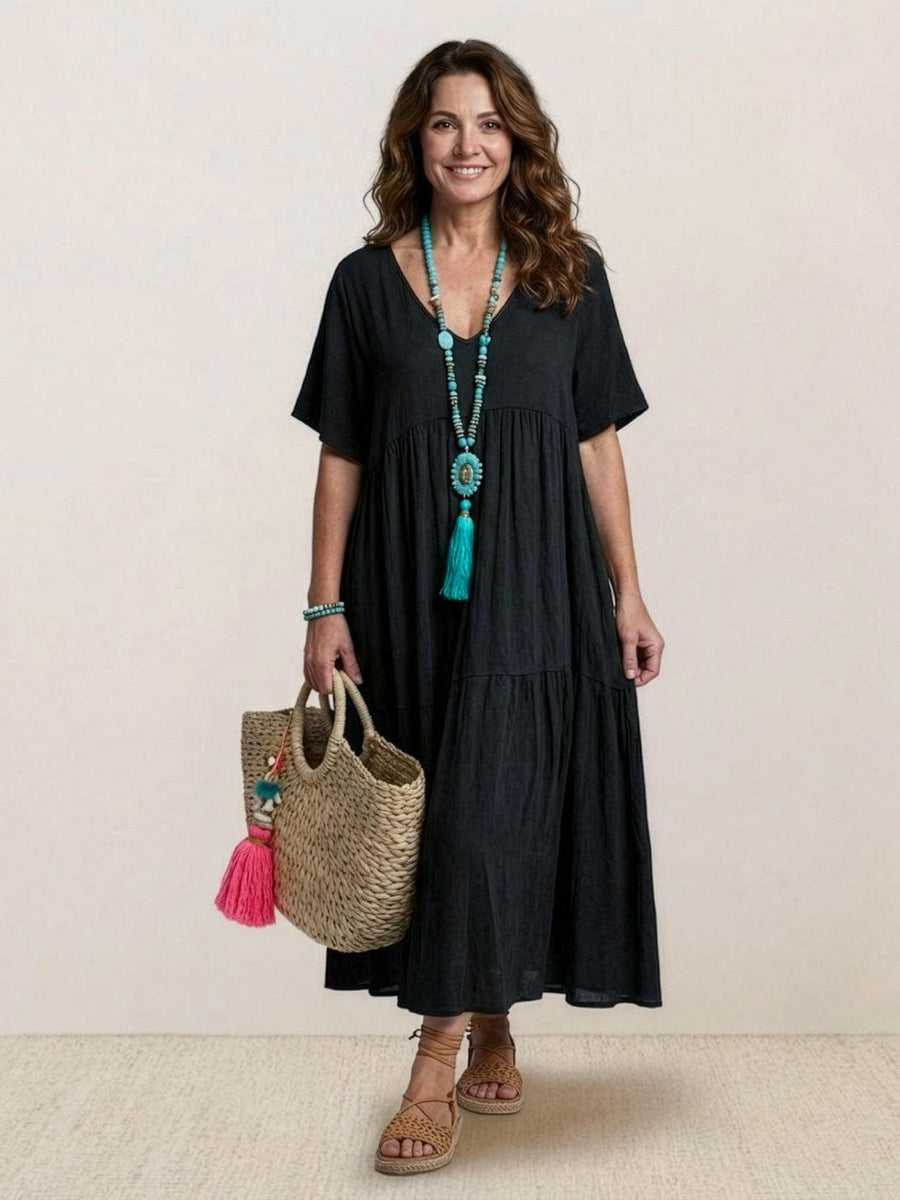 Brooklyn | Womens Boho V Neck Tiered Maxi Dress Black