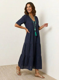 Brooklyn | Womens Boho V Neck Tiered Maxi Dress Navy Blue