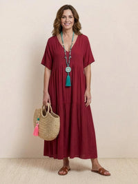 Brooklyn | Womens Boho V Neck Tiered Maxi Dress Red