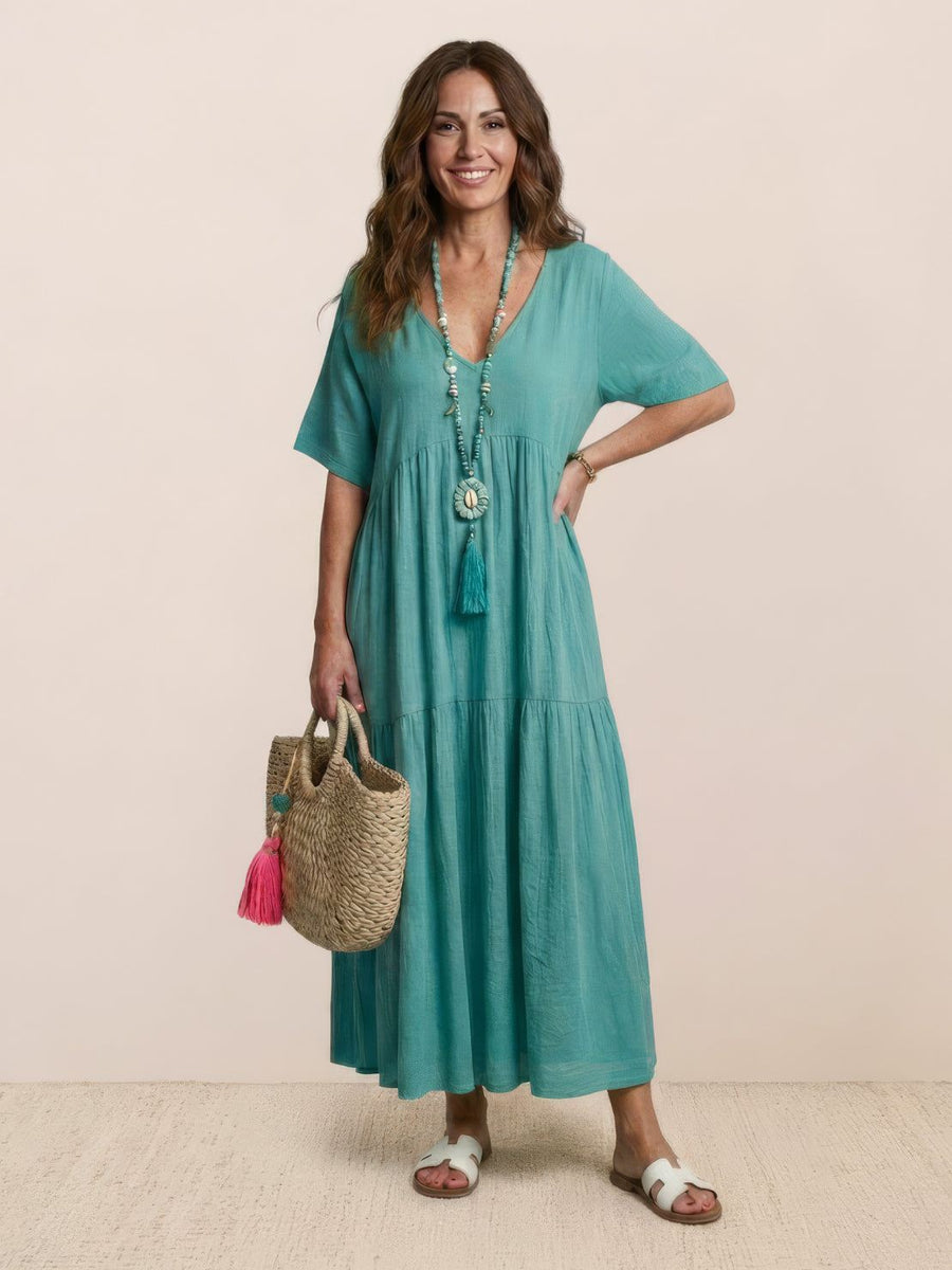 Brooklyn | Womens Boho V Neck Tiered Maxi Dress Peacock Blue