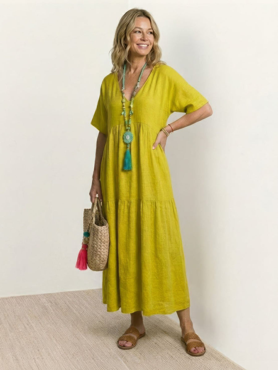 Brooklyn | Womens Boho V Neck Tiered Maxi Dress Yellow