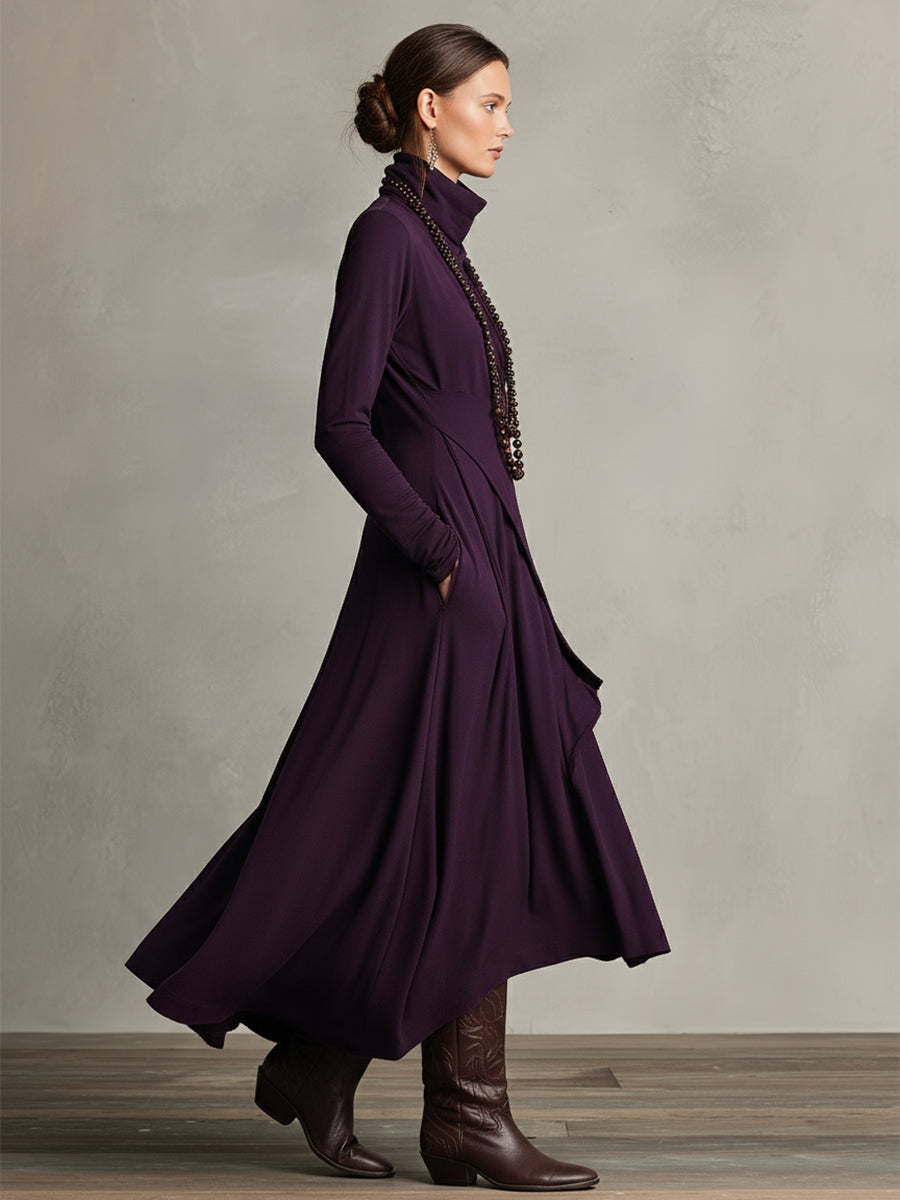 Natalia – Asymmetric Maxi Knit Dress with Turtleneck