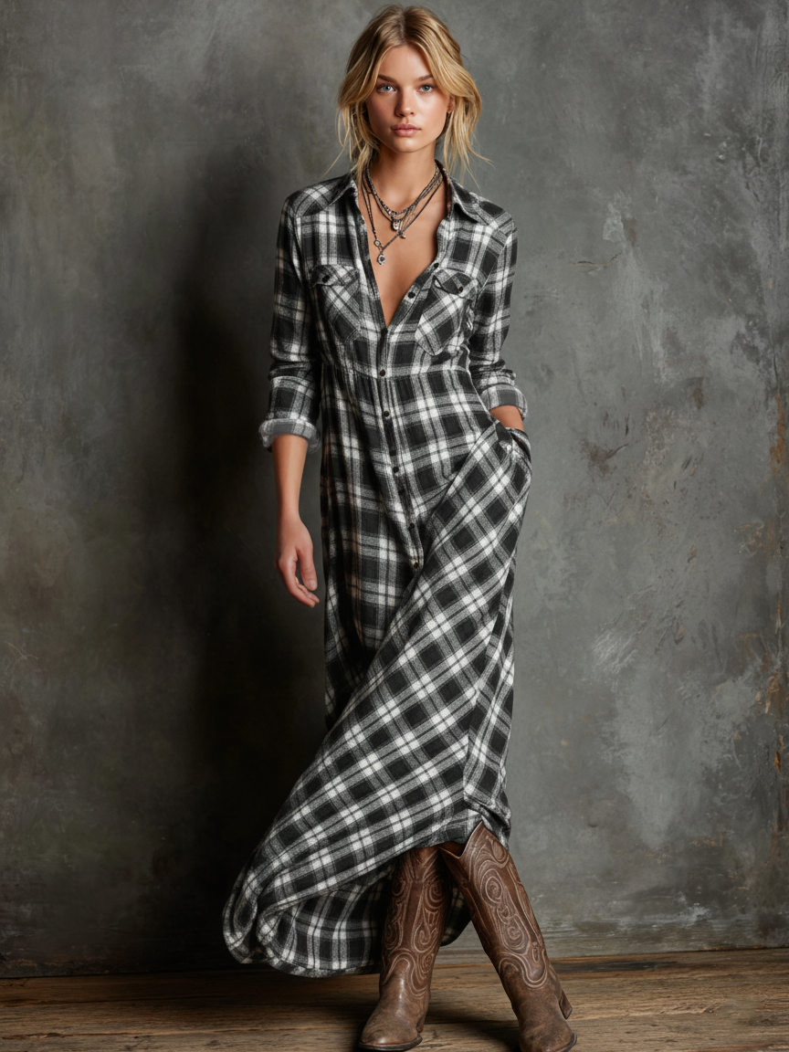 Valencia | Women's Plaid Long Sleeve Shirt Dress