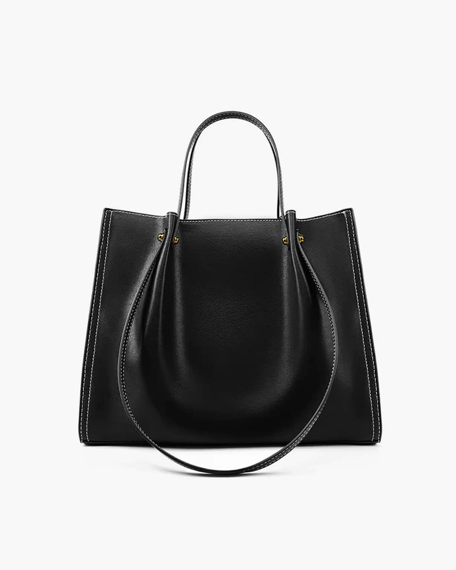 Charlotte | Vegan Leather Minimalist Contrast-Stitch Tote Bag Black