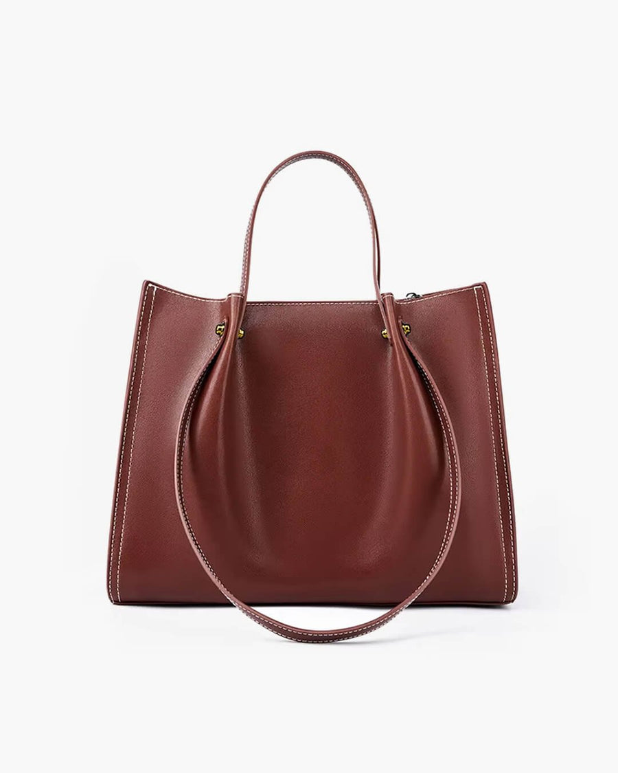 Charlotte | Vegan Leather Minimalist Contrast-Stitch Tote Bag Brown