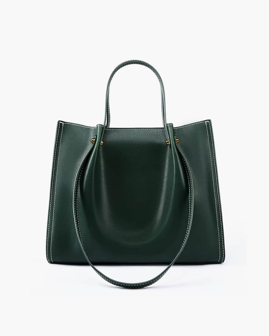 Charlotte | Vegan Leather Minimalist Contrast-Stitch Tote Bag Green