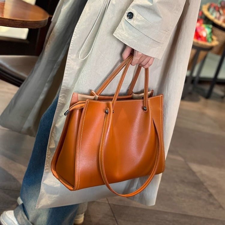 Charlotte | Vegan Leather Minimalist Contrast-Stitch Tote Bag Sunset Yellow