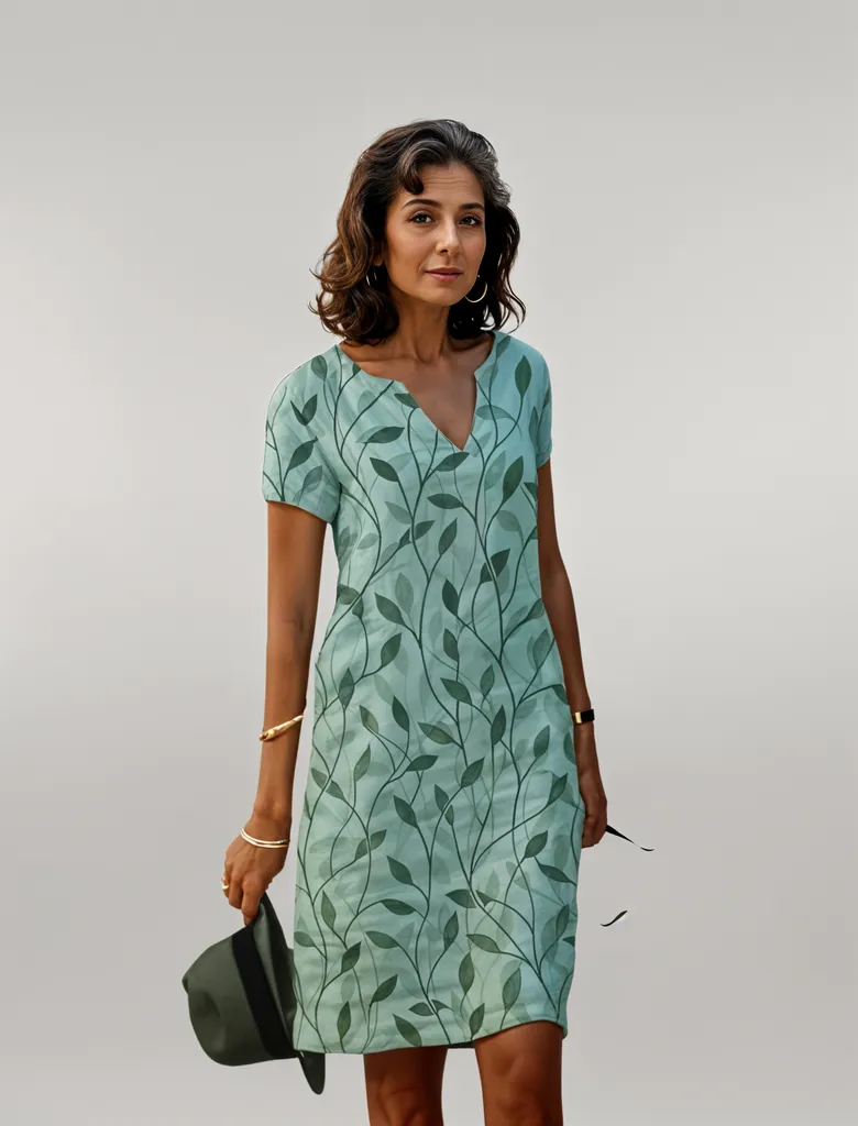 Veridian | Women's Leaf Print Short Sleeve Shift Dress