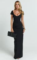 Veronika Maxi Dress Off Shoulder Plunge High Split Dress In Black