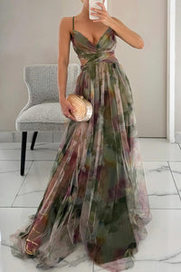 Vesperine | Women's Floral V-Neck Spaghetti Strap Maxi Dress
