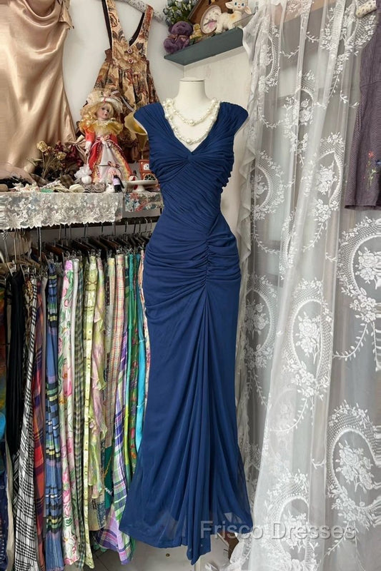 Vintage Fashion Mermaid V Neckline Navy Blue Floor Length Formal Dress