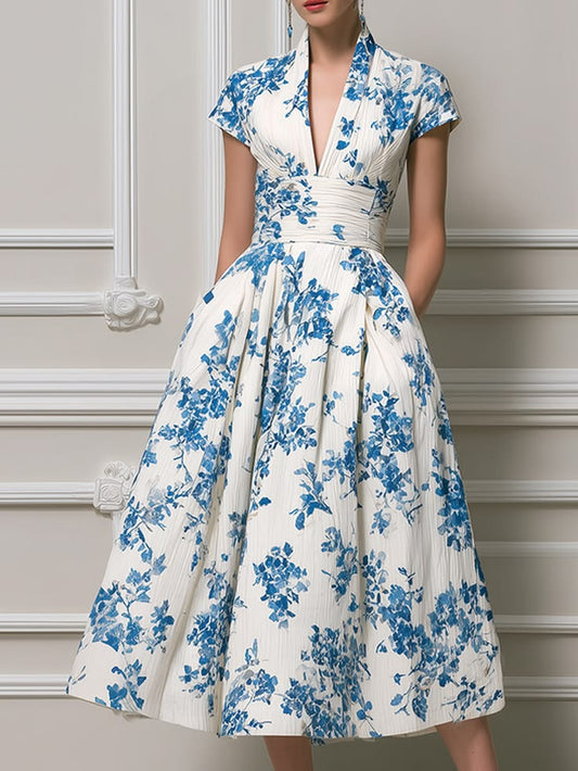 Vintage Inspired Azure Floral Pleated Midi Dress White