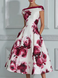 Vintage Inspired Floral Off The Shoulder Midi Dress Burgundy M(8 10)