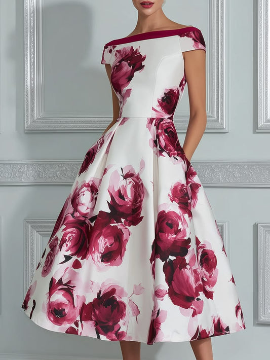 Vintage Inspired Floral Off The Shoulder Midi Dress Burgundy M(8 10)