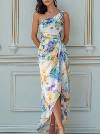 Watercolor Floral One Shoulder Maxi Dress White