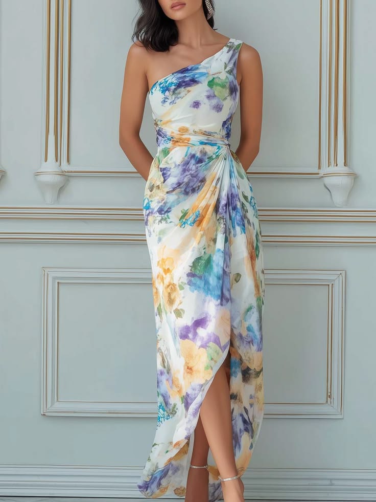 Watercolor Floral One Shoulder Maxi Dress White