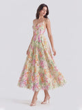 Watercolor Spaghetti Strap Eyelet Floral Midi Dress Beige 2Xl