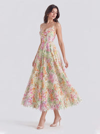 Watercolor Spaghetti Strap Eyelet Floral Midi Dress Beige 2Xl