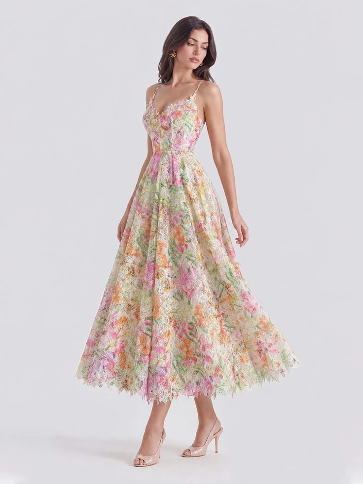 Watercolor Spaghetti Strap Eyelet Floral Midi Dress Beige 2Xl