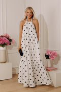 White Chic Spotlight Polka Dot Halter Maxi Dress