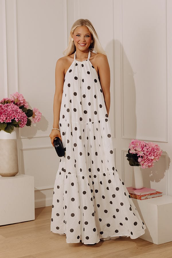 White Chic Spotlight Polka Dot Halter Maxi Dress