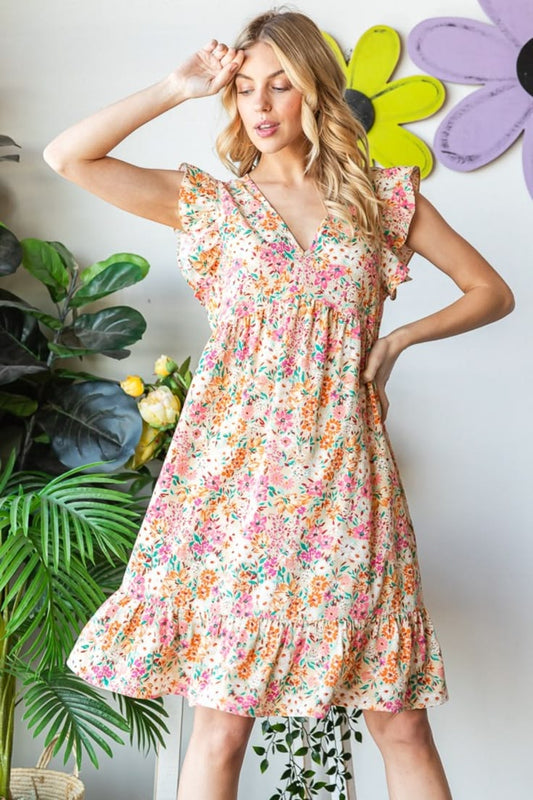 White Heimish Full Size Floral Ruffled V Neck Dress