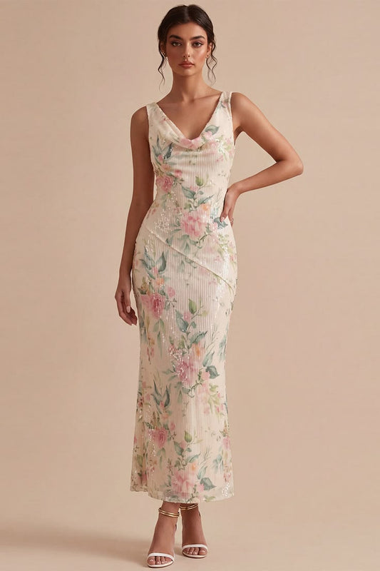 White Pink Flower Sequin Mermaid Long Wedding Guest Dress White Pink