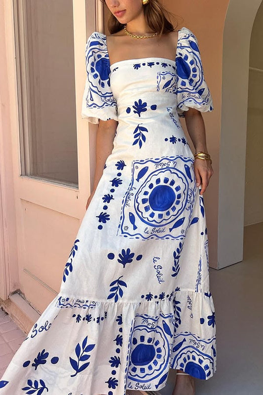 White Sherbert Linen Blend Unique Print Square Neck Bubble Sleeve Maxi