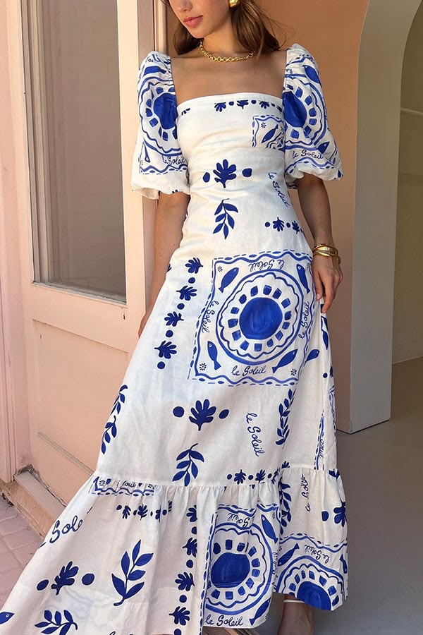 White Sherbert Linen Blend Unique Print Square Neck Bubble Sleeve Maxi