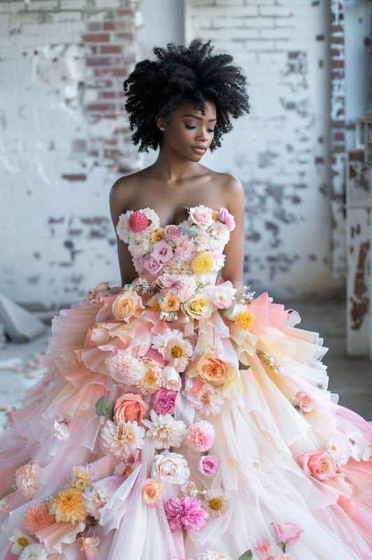 White Thea Luxurious Princess Off Shoulder Flowers Cream Ball Gown