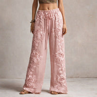 Camila | Wide Leg Pants Floral Embroidered Drawstring Pink