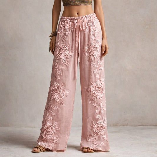 Camila | Wide Leg Pants Floral Embroidered Drawstring Pink