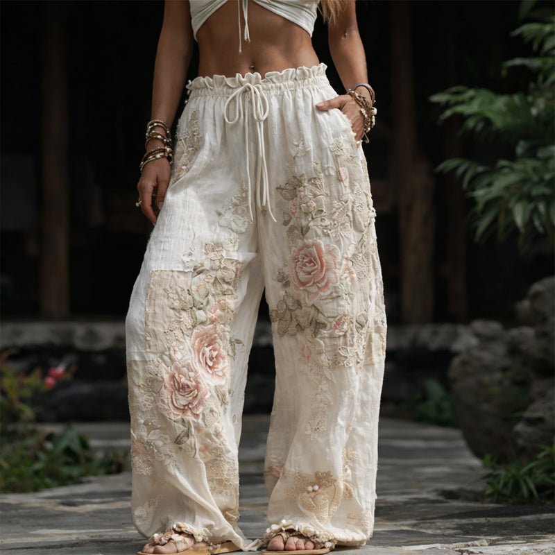Camila | Wide Leg Pants Floral Embroidered Drawstring Beige