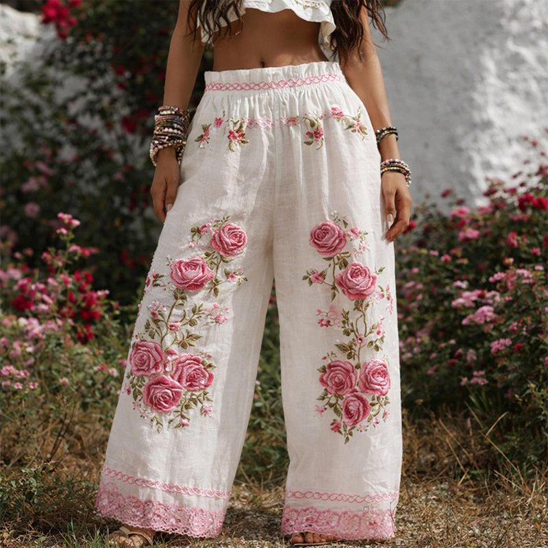 Camila | Wide Leg Pants Floral Embroidered Drawstring White