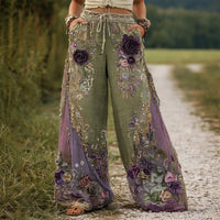 Camila | Wide Leg Pants Floral Embroidered Drawstring Green