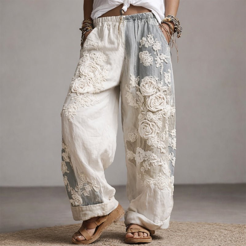 Camila | Wide Leg Pants Floral Embroidered Drawstring Gray