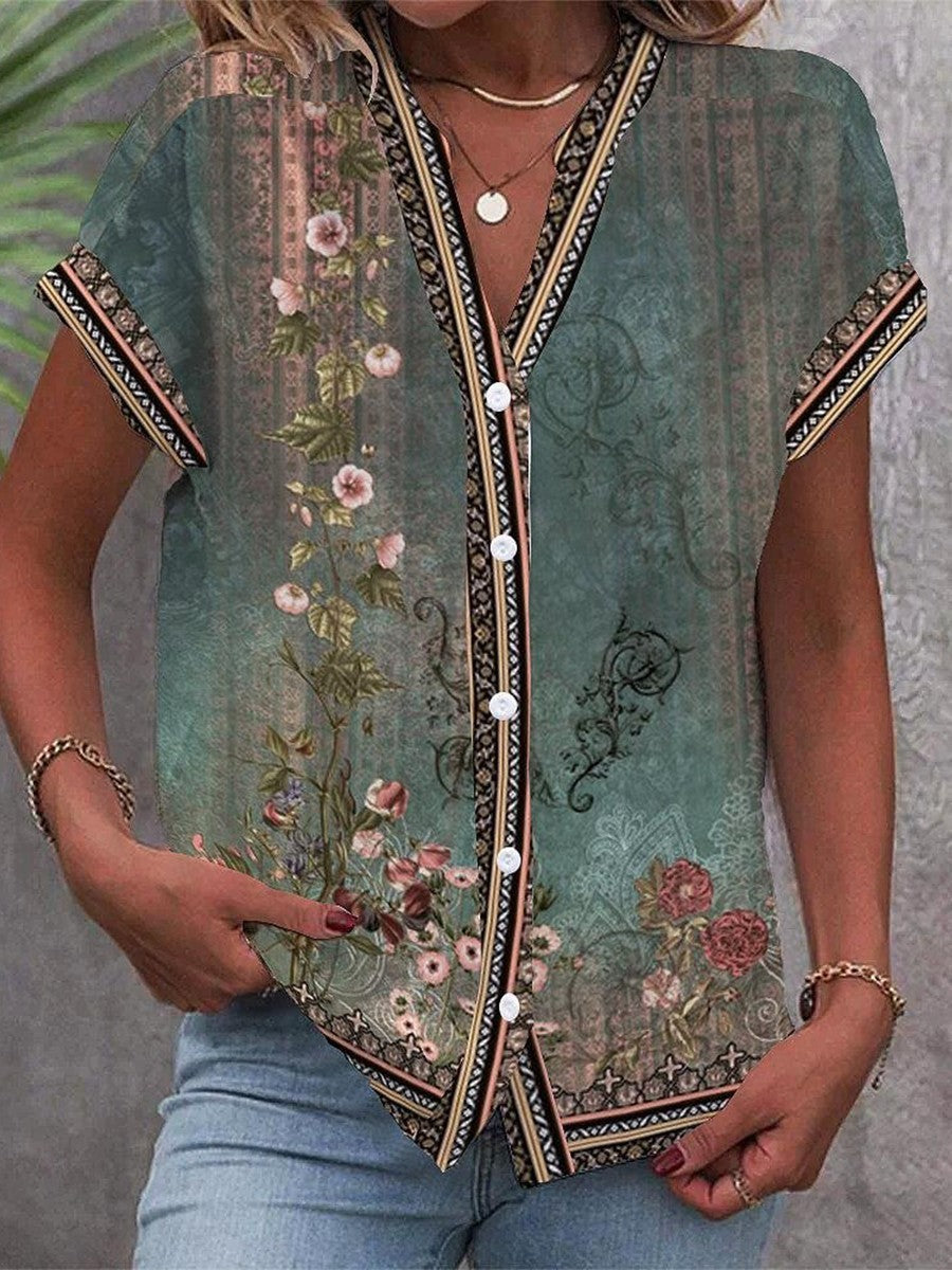 Willa | Women's Floral V-Neck Button-Down Blouse