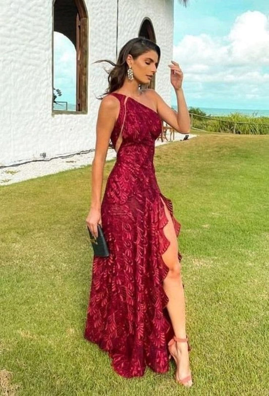 Wine Beautiful Sheath One Shoulder Lace Long Prom Dress Evening Dress