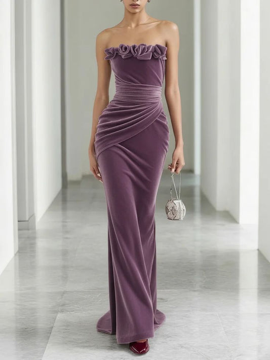 Wine Red 3D Floral Velvet Strapless Sleeveless Sheath Gown Cocktail