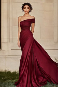 Women Burgundy Prom Dress Sheath One Shoulder Strapless Ruched Satin