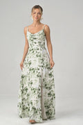 Women Cowl Neck Green Floral Prom Dress With Slit A Line Spaghetti