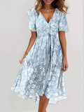 Women Floral A Line Maxi V Neck Summer Tea Party Red Green Apricot
