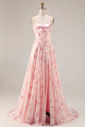 Women Floral Pink And Red Long Corset Prom Dress With Bow A Line