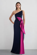 Women Navy Fuchsia One Shoulder Satin Sheath Formal Dress Bow Floor