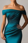 Women Peacock Blue Mermaid Long Formal Dress Satin Off The Shoulder