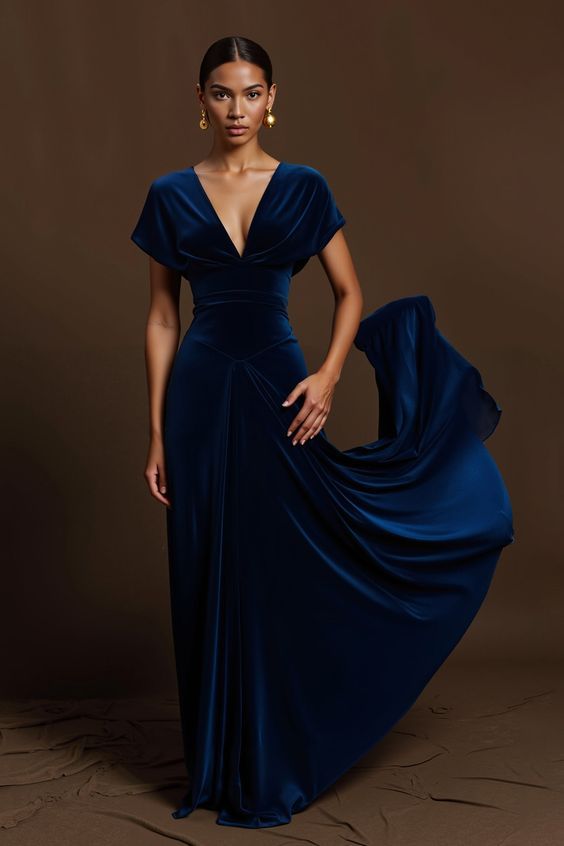 Women Royal Blue Velvet Long Holiday Party Dress With Sleeves Sheath V