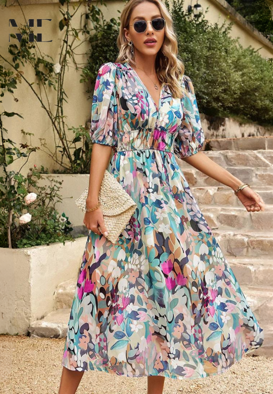 Jasmine | Women's Floral V Neck Midi Wedding Guest Dress Light Blue
