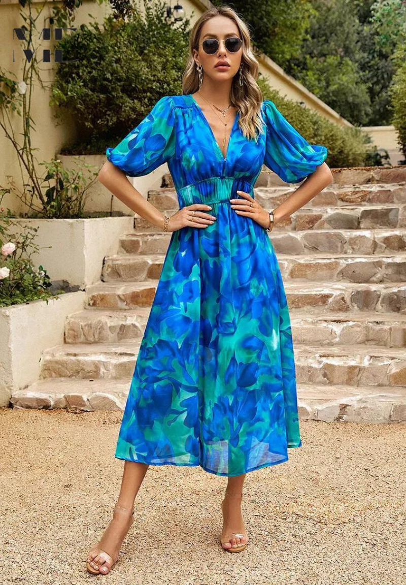 Jasmine | Women's Floral V Neck Midi Wedding Guest Dress Blue