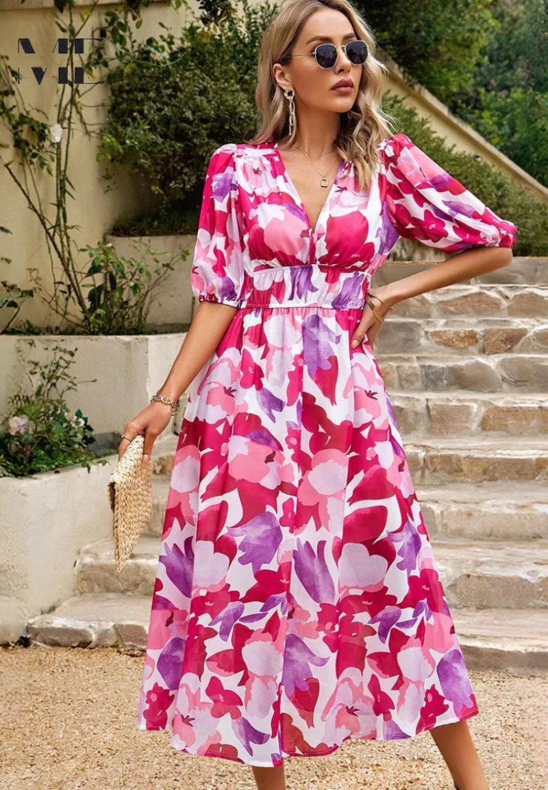 Jasmine | Women's Floral V Neck Midi Wedding Guest Dress Pink